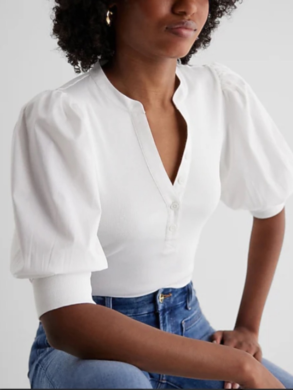 Avec Les Filles White Puff-Sleeve Henley Top with Ribbed Body